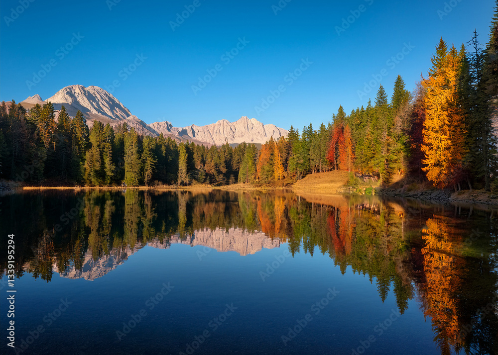 A serene landscape of a mountain lake surrounded by pine forests, with clear blue skies, soft reflections, and autumn colors. A serene landscape of a mountain lake surrounded by pine forests, with clear blue skies, soft reflections, and autumn colors.