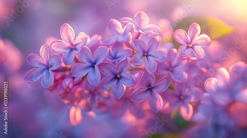 Close-up of lilac bush with delicate, pastel-colored flowers in full bloom. Concept: serene beauty of lilac bush radiating ethereal glow and tranquility.