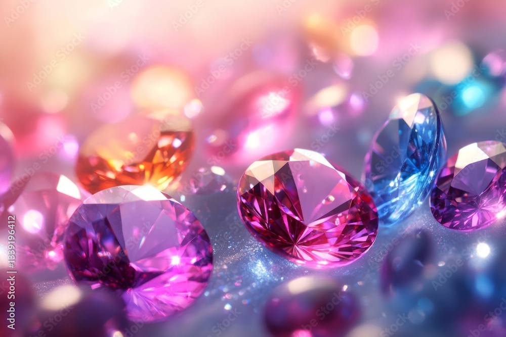 Colorful diamonds sparkling and reflecting light on glitter background, creating a luxurious and glamorous scene Colorful diamonds sparkling and reflecting light on glitter background, creating a luxurious and glamorous scene