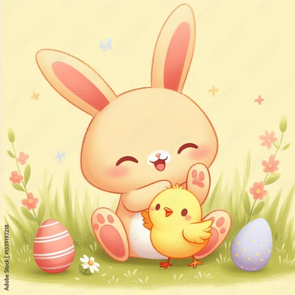 Cute Bunny and Chick in Meadow Cute Bunny and Chick in Meadow