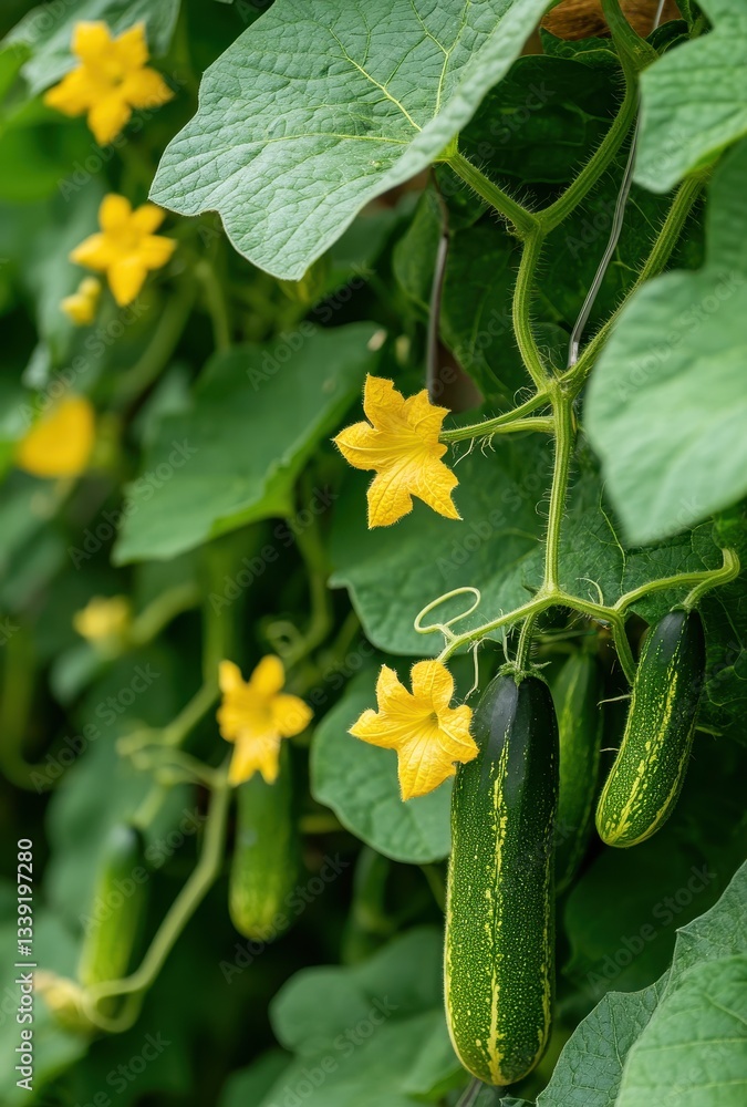 Fresh cucumbers growing on a vine among vibrant yellow flowers in an organic garden, showcasing healthy vegetables in a natural environment Fresh cucumbers growing on a vine among vibrant yellow flowers in an organic garden, showcasing healthy vegetables in a natural environment