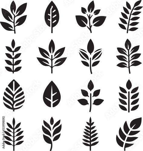 Black and white leaf icon silhouette vector set