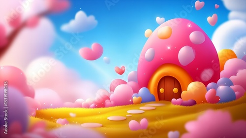 Pink mushroom house sits on a golden field under a bright blue sky with fluffy white clouds and heart shaped pink and yellow shrubbery, inviting viewe