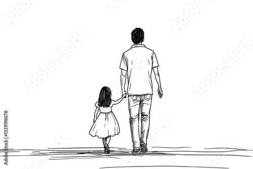 A continuous line drawing depicts a happy family, with a father and child walking together in a minimalist illustration for Happy Father's Day