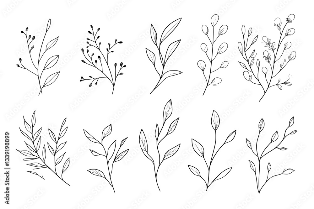 A set of minimalist prints featuring abstract line drawings of plants, including black sketches of flowers isolated on a white background, along with leaves and branch linear illustrations in modern A set of minimalist prints featuring abstract line drawings of plants, including black sketches of flowers isolated on a white background, along with leaves and branch linear illustrations in modern