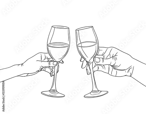 A modern line art drawing depicts hands holding two wine glasses, presented in an abstract black sketch style, suitable for minimalistic holiday design