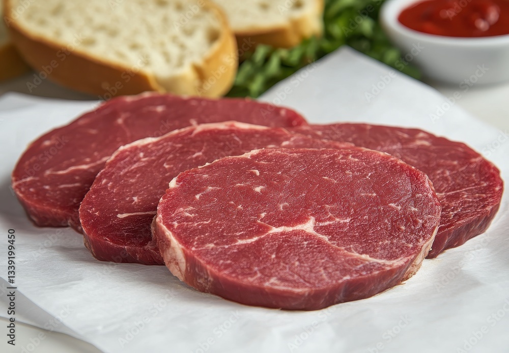 Fresh Cuts of Raw Beef Steak Ready for Grilling with Fresh Buns, Herbs, and Tomato Sauce in the Background on a Wooden Table Fresh Cuts of Raw Beef Steak Ready for Grilling with Fresh Buns, Herbs, and Tomato Sauce in the Background on a Wooden Table