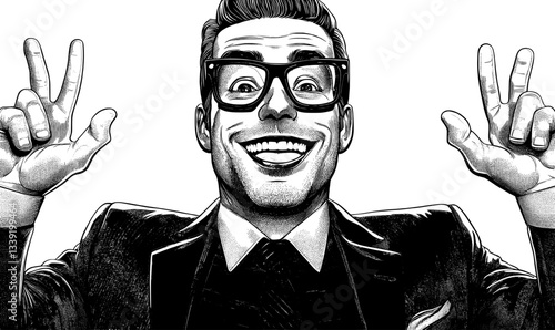 A businessman's silhouette is depicted in black on a white background with hands raised, exemplifying modern line art and a minimalist approach to success