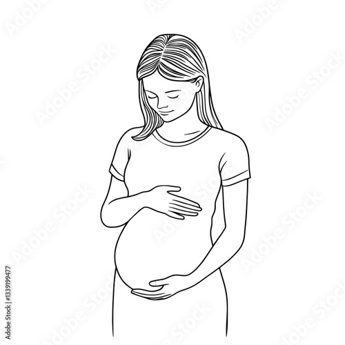 Modern graphic design features a minimalist illustration of a pregnant woman in a black sketch outline drawing with a modern line art silhouette