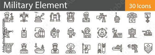 Military Elements Line Icons Set. Collection of 30 outline icons representing military equipment, symbols, and activities. Editable stroke vector illustration