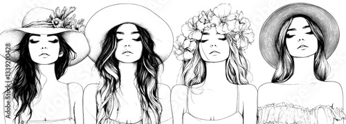 A collection of line art drawings featuring a woman's silhouette with flowers, including style templates and abstract female silhouettes, is available for beauty and fashion design