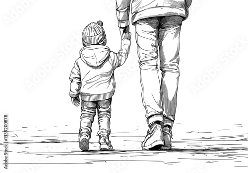 Father and son walking together depicted in a continuous one-line drawing for a Father's Day card in a minimalist abstract linear style, symbolizing happy fatherhood with a modern illustration of a
