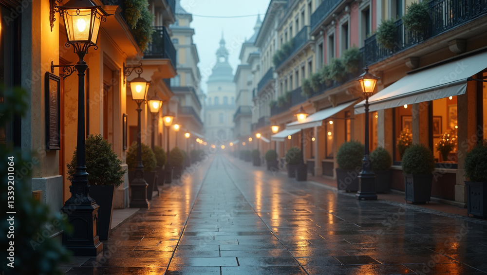 Fototapeta premium Serene street with vintage lamps and planters in the fog