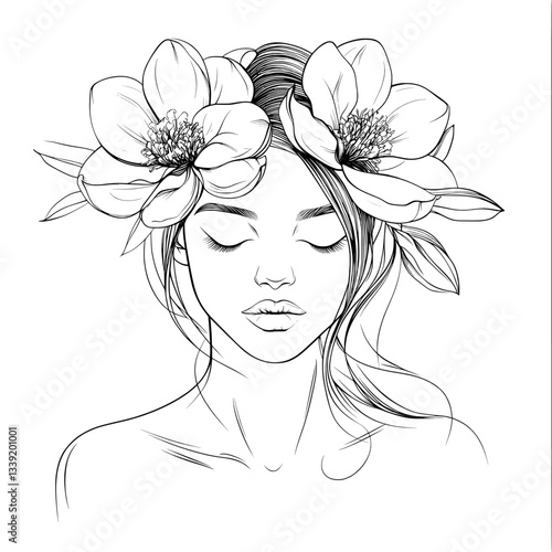 Minimal linear illustration of a woman's face adorned with flowers in a trendy boho design style