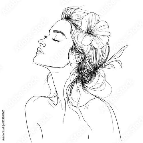 A modern drawing featuring a woman's silhouette with flowers is presented in a minimalist linear style, suitable for beauty and fashion designs