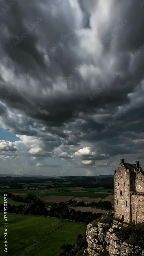 Dramatic sky over historic castle on cliff during stormy transition at dusk Dramatic sky over historic castle on cliff during stormy transition at dusk