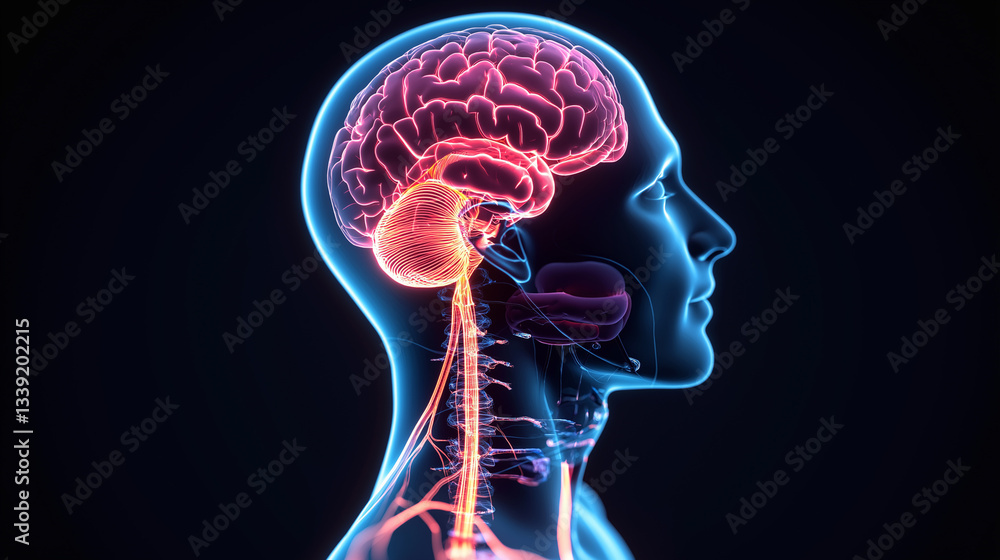 Dystonia neurological diagnosis. Movement disorder treatment. Muscle spasms therapy. Involuntary movements symptoms. Medical illustration depicting the human brain and nervous system in detail. Dystonia neurological diagnosis. Movement disorder treatment. Muscle spasms therapy. Involuntary movements symptoms. Medical illustration depicting the human brain and nervous system in detail.