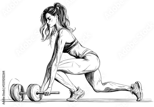A minimalist illustration of a woman with a barbell is depicted in a single line drawing, embodying the concept of female sports in an abstract form