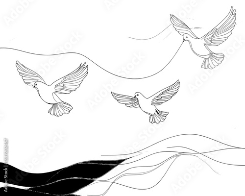 A minimalist illustration of pigeons in a continuous line drawing style is available for modern design purposes in EPS 10 format