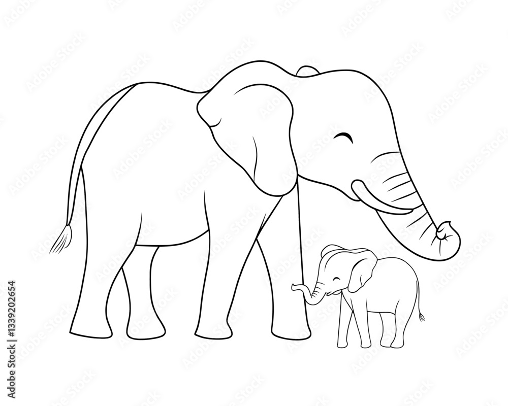 Fototapeta premium Elephants are depicted in a continuous one-line drawing, also known as elephants family line art illustration, which is a type of animals minimalist contour illustration suitable for modern design