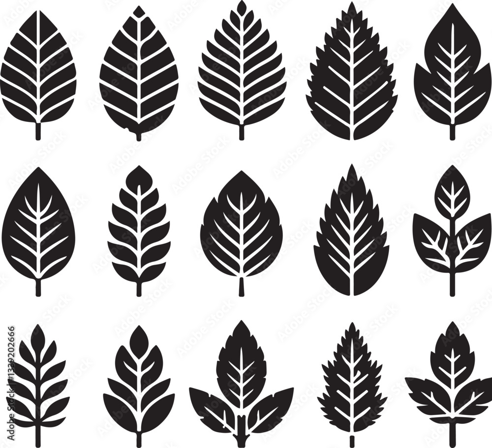 Fototapeta premium Black and white leaf icon silhouette vector set