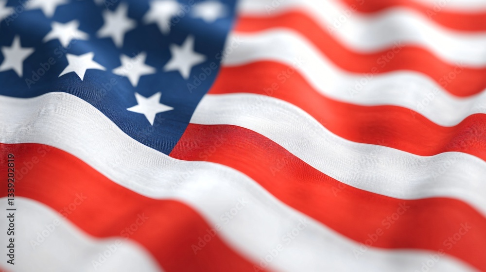 Obraz premium Waving flag symbolizing freedom, vibrant red and white stripes, blue field with stars, representation of national pride.