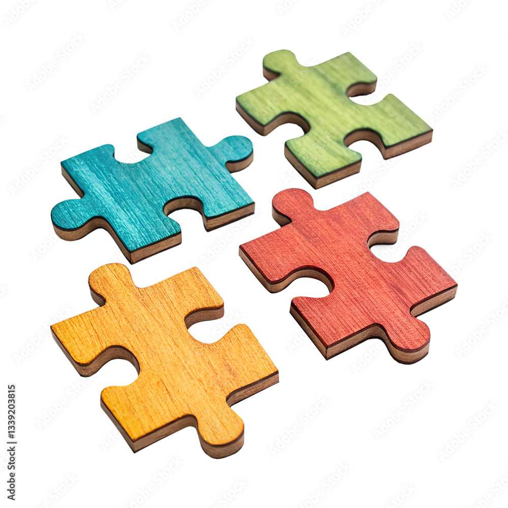A set of colorful wooden puzzle pieces scattered on a white surface., isolated on a transparent background A set of colorful wooden puzzle pieces scattered on a white surface., isolated on a transparent background