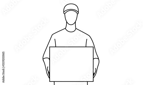 A man carrying a delivery box is depicted in a continuous one-line drawing, showcasing a male working in a creative and contemporary style, epitomizing the concept of delivery through outline modern