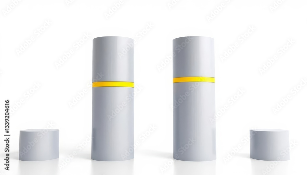 Sleek gray cylinders with vibrant yellow stripes on a clean white backdrop, pattern, modern Sleek gray cylinders with vibrant yellow stripes on a clean white backdrop, pattern, modern