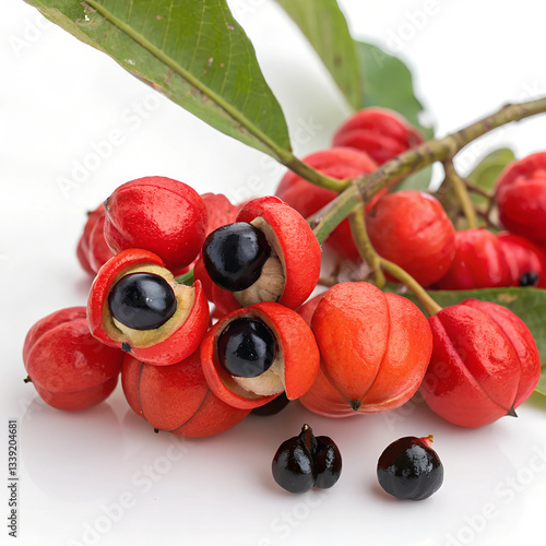 A small bunch of guarana fruits with bright red skins and black seeds visible inside, arranged naturally .