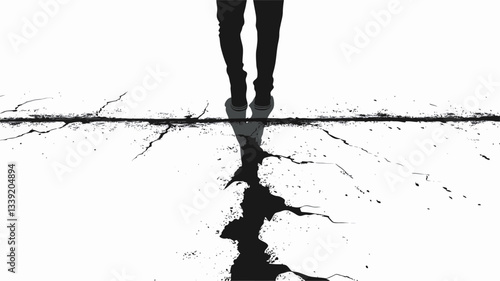 The image is a monochrome photograph featuring the lower legs and feet of a person. The legs are silhouetted against a bright background, creating a stark contrast. The person is standing over a