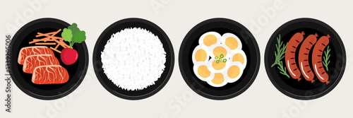 Meat, radish, carrot, rice bowl, egg and sausage icon signs isolated on white background vector.
