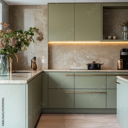A modern kitchen with green cabinets and stone countertops