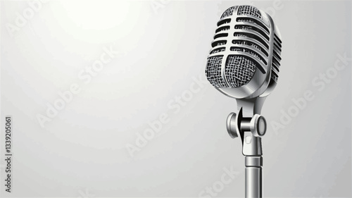 Close-up studio shot of a vintage style microphone on a stand against a light gray gradient background. The microphone is predominantly silver/grey with a mesh grille. The image is sharply focused