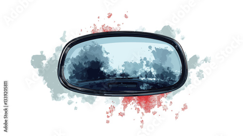 The image presents a stylized illustration of an oval-shaped rearview mirror. The mirror reflects a dark, indistinct landscape featuring trees and a road.  The mirror is framed by a black border.
