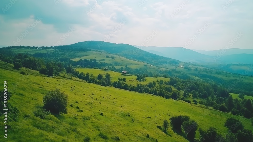 Fototapeta premium Stunning Aerial View of Lush Green Mountain Valley Landscape