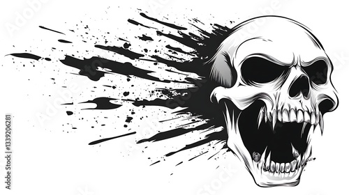 Screaming skull with black ink splash on white background