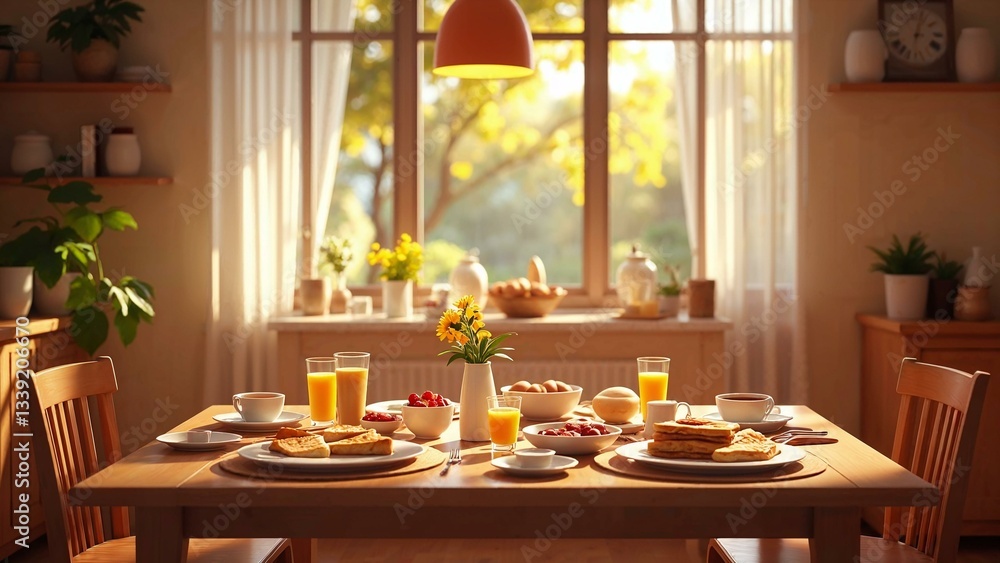 Conceptual illustration of a warm breakfast table symbolizing community Conceptual illustration of a warm breakfast table symbolizing community