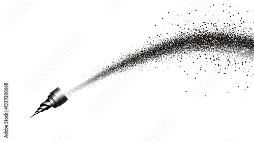A high-resolution image depicting a stylized abstract representation of an ink spray.  A dark, sharply defined nozzle-like shape at the image's left emits a curved stream of black ink particles