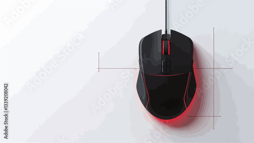 High-angle, close-up shot of a black wired computer mouse positioned on a plain white background. The mouse has a slightly ergonomic design and a subtle red light is visible underneath.  Light gray
