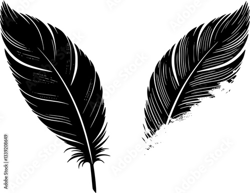 Feather silhouette, minimalist design, black and blue gradient, symmetrical composition, vector graphic style, clean lines, elegant simplicity, dual color scheme, abstract bird plumage 