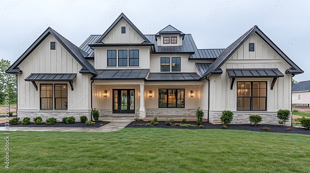 Obraz premium Modern farmhouse exterior, white siding, black trim, metal roof.