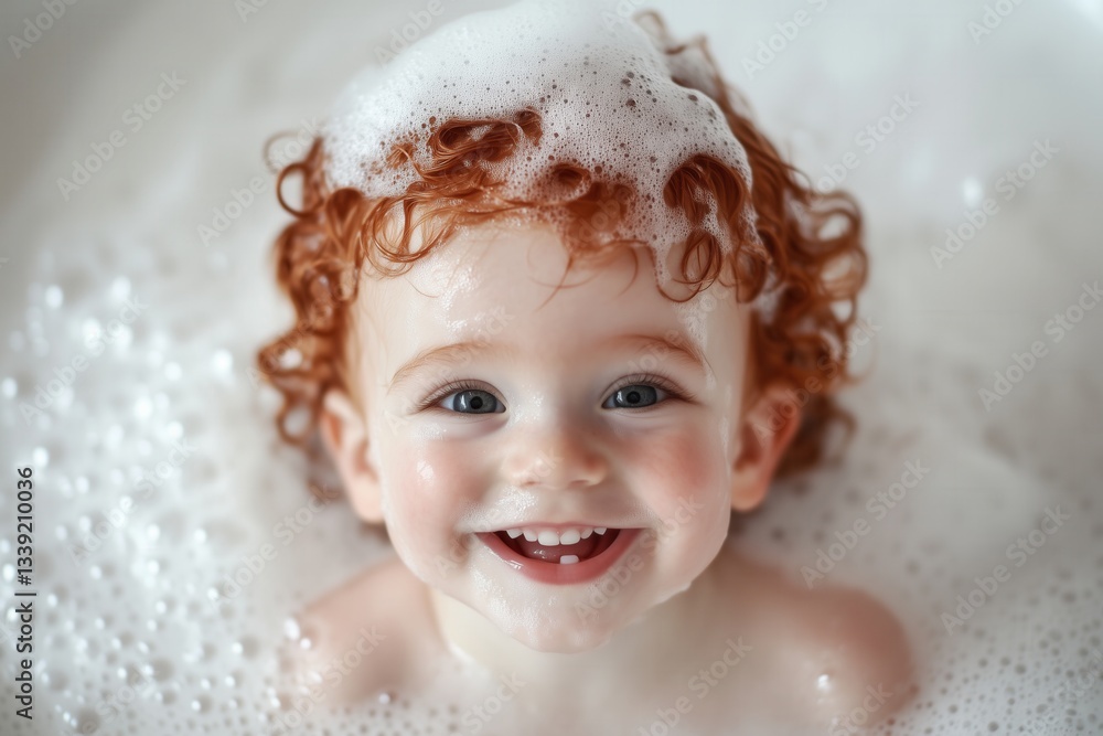 smiling kid in a bubble bath with foam on the haed smiling kid in a bubble bath with foam on the haed