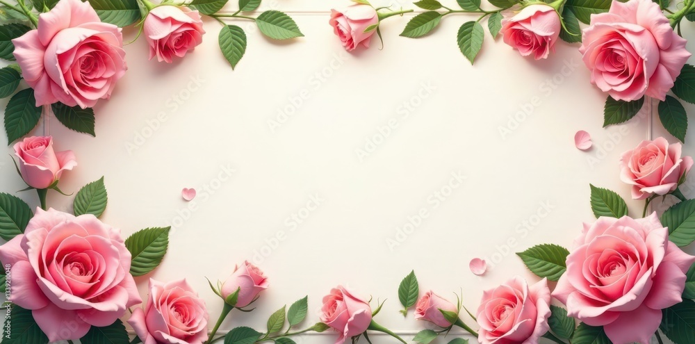 Fototapeta premium Classic rose & leaf border, soft light, romantic aesthetic, image, leaves, subtle
