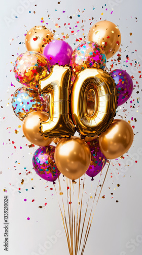A radiant gold foil 10 balloon surrounded by chic gold balloons and lively confetti, bringing a glamorous and bright touch to any event, perfect for promotional or milestone celebrations