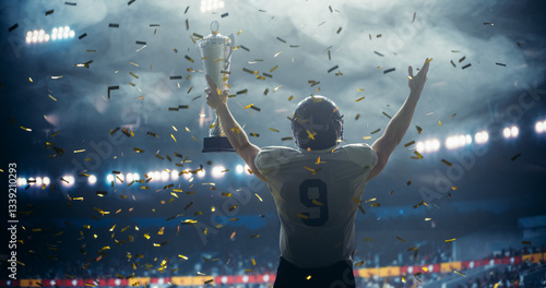 American Football Player Celebrating Victory, Holding Trophy High in Stadium with Falling Glittering Confetti and Cheers from the Sport Crowd. Footballer Full of Joy and Triumph After Championship Win