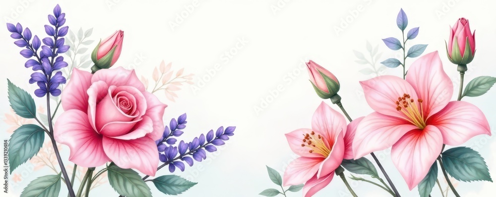 Delicate watercolor roses, lavender, and lilies in blush, mint, and peach , elegant, element, background Delicate watercolor roses, lavender, and lilies in blush, mint, and peach , elegant, element, background