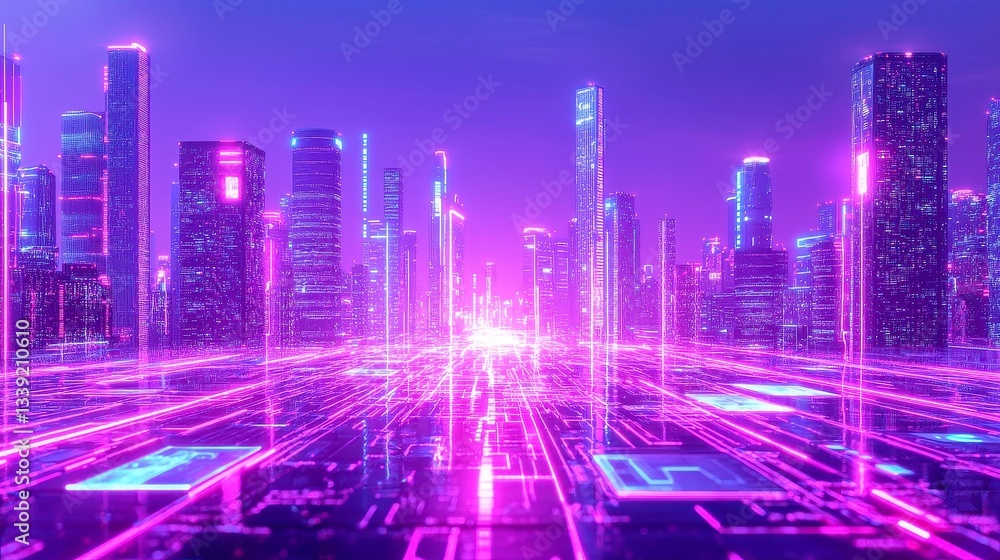 Twilight Cityscape with Digital Data Lines and Holographic Infographics, glowing infrastructure, warm purple-blue hues, engaging futuristic aesthetic, sophisticated details Twilight Cityscape with Digital Data Lines and Holographic Infographics, glowing infrastructure, warm purple-blue hues, engaging futuristic aesthetic, sophisticated details