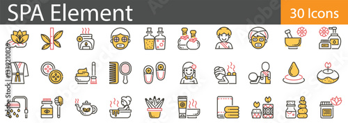 Spa Elements Line Icons Set. Collection of 30 outline icons representing spa treatments, relaxation, and wellness tools. Editable stroke vector illustration.