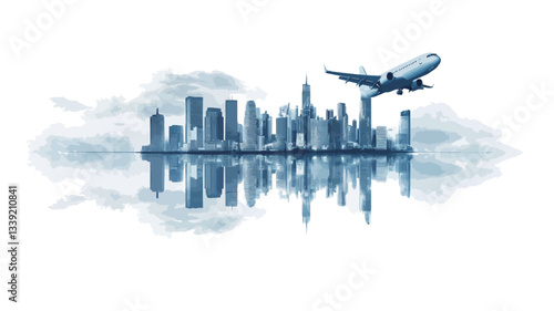 The image showcases a stylized illustration of a city skyline reflected in a body of water.  The city is rendered in shades of blue, with simplified building forms. A passenger airplane is depicted